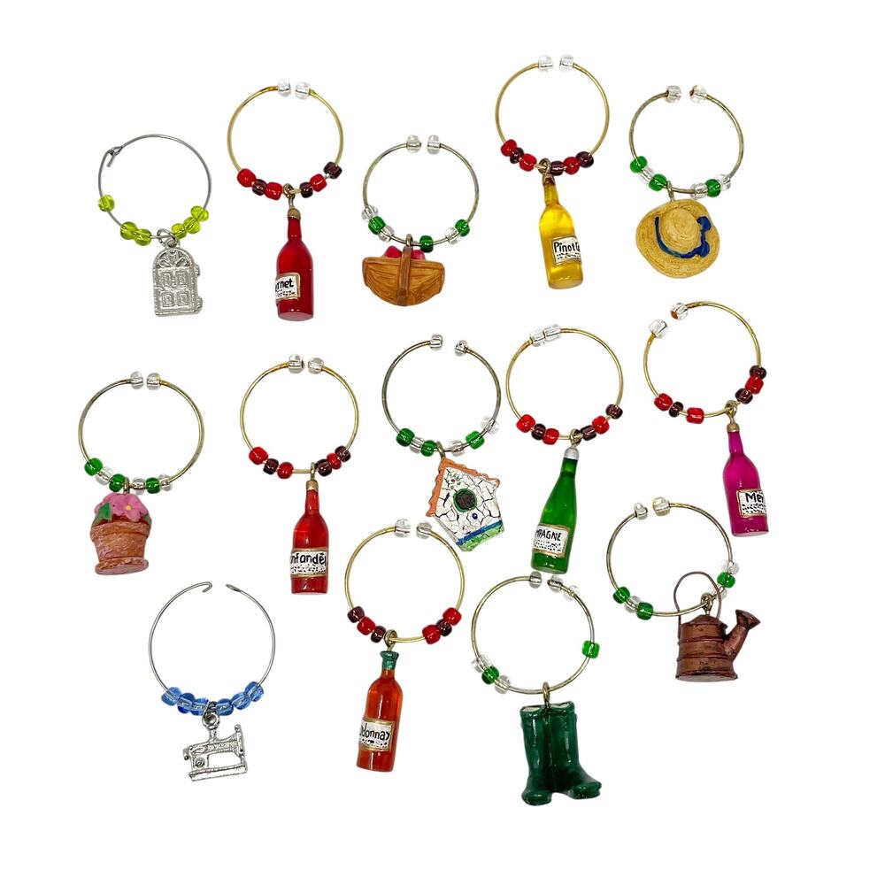 Assorted Multicolor Wine Glass Charms Garden Plant Lady Theme Set of 14 GUC